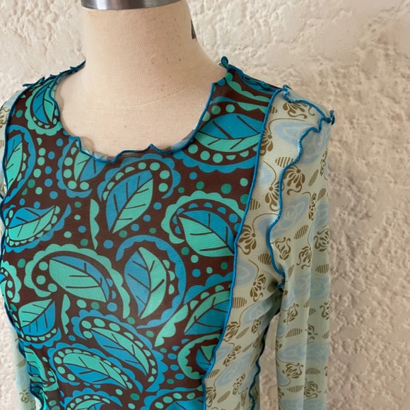 Anna Sui Sheer Mesh Paisley Green Posies Top Size Medium, Boho 90's Long Sleeve - Picture 2 of 9